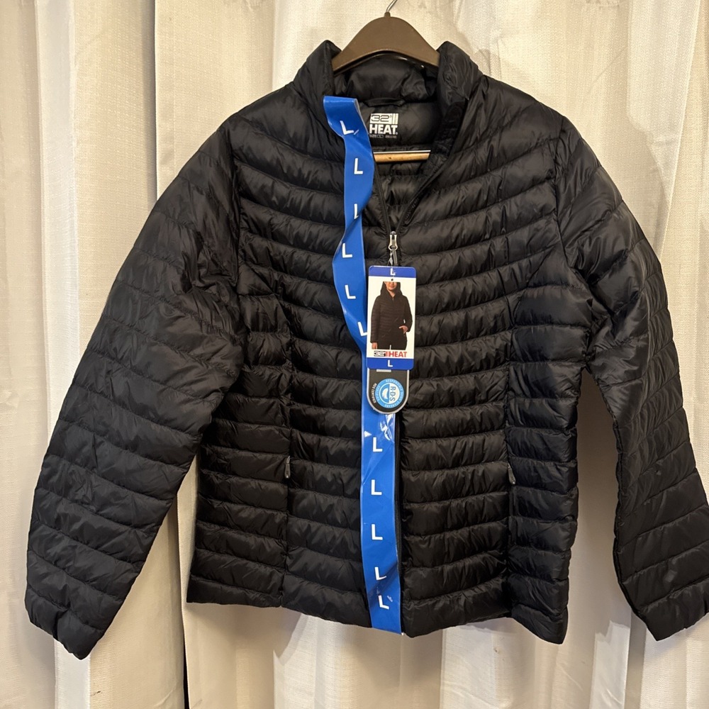 32 Degrees Heat Duck Down Packable Jacket Size Large Quilted Lightweight Black